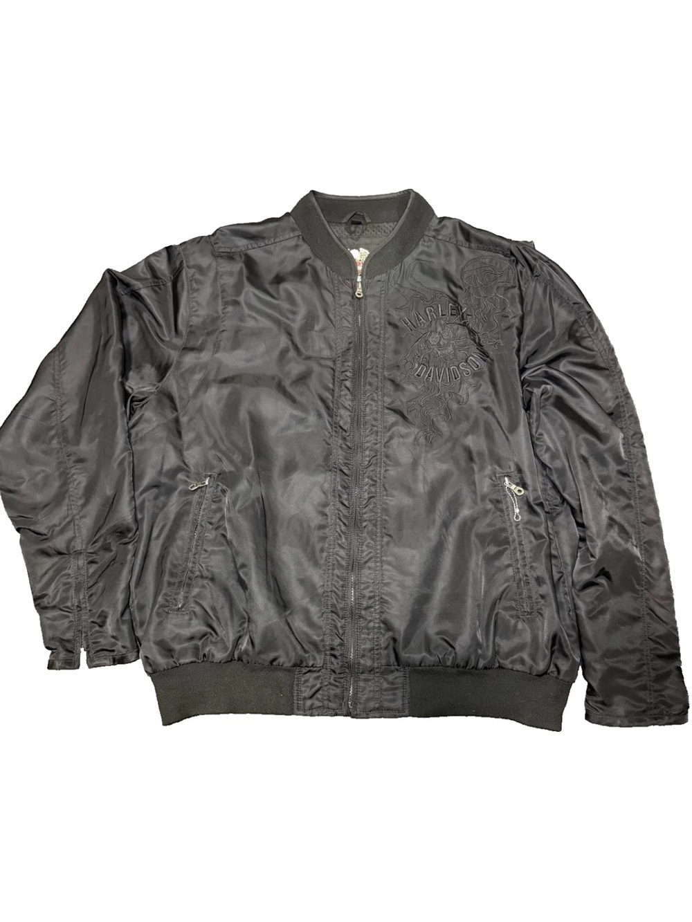 Harley Davidson Mens XL Black Nylon Bomber Jacket Embroidered Skull 1903
